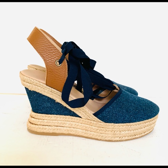 Gorgeous blue denim espadrille tie-up shoes platform wedges leather sling back - Picture 2 of 10